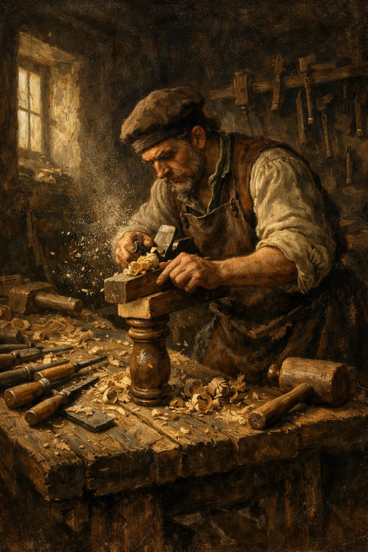 描绘古埃及木匠使用手工工具组装木凳的场景