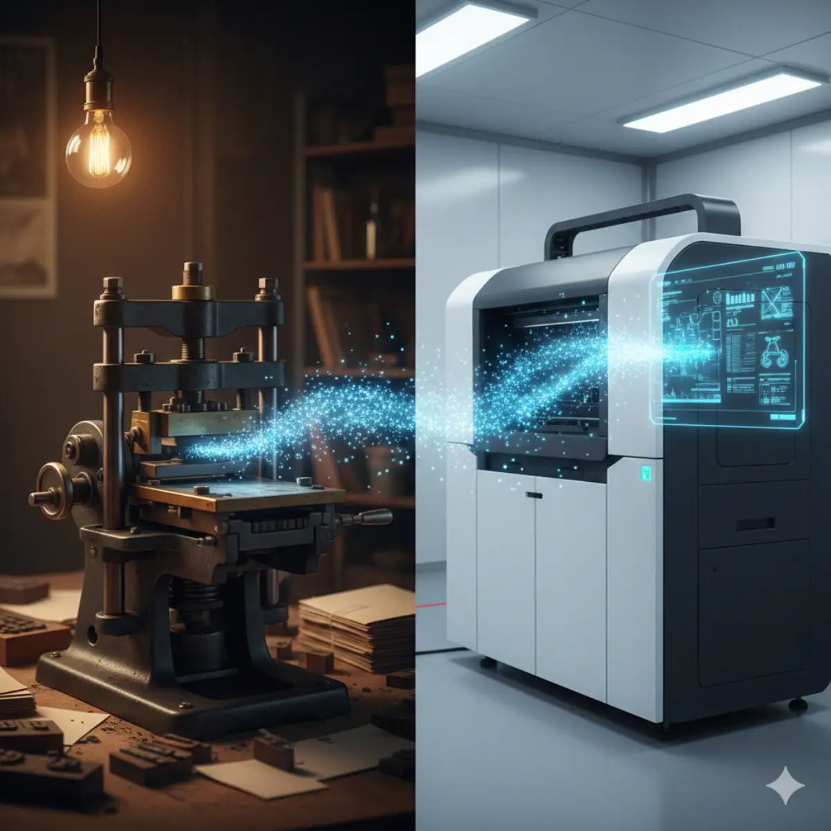 左右对比图：左侧是传统印刷车间的局部特写，右侧是充满科技感的现代数码印刷设备