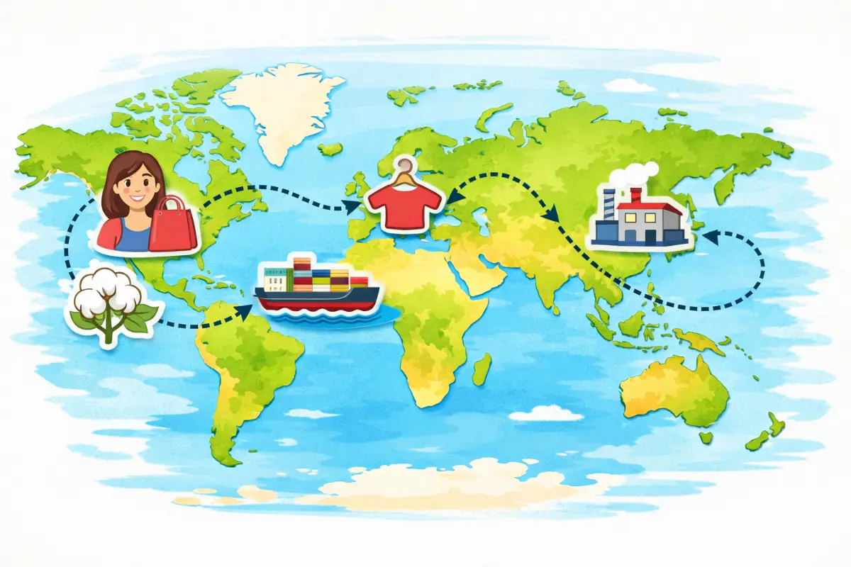 一张彩色示意图，展示一件T恤的全球之旅：从棉田，到纺纱厂、成衣厂，最后进入不同国家的零售店。