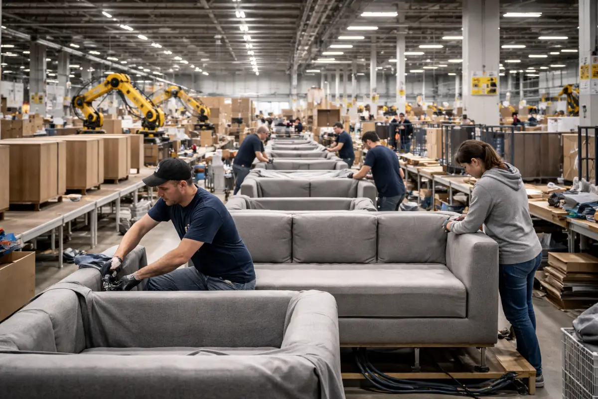 现代化、洁净的工厂内，机械臂正在传送带上组装平板包装家具板件