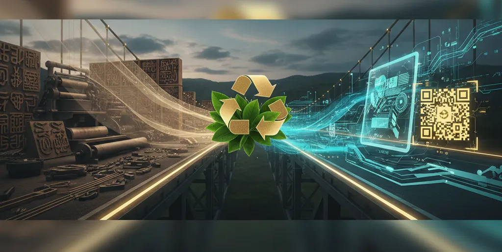 传统印刷滚筒与现代数字代码、绿色生态元素交织融合的创意图片